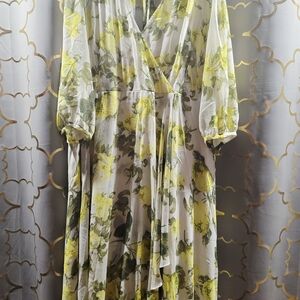 Calvin Klein Yellow and Green Floral Long Sleeve Dress